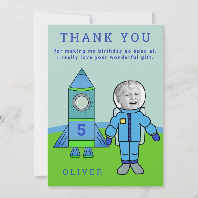 Cute Astronaut Boy Rocket Birthday Your Photo Thank You Card (Front)