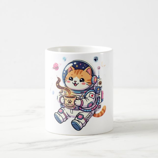 Cute Astronaut Cat Drinking Coffee In Space Kawaii Mug (Center)