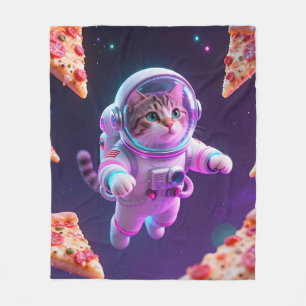 Cute Astronaut Cat Floating Pizza Space Adventure Fleece Blanket