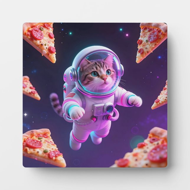 Cute Astronaut Cat Floating Pizza Space Adventure Plaque (Front)
