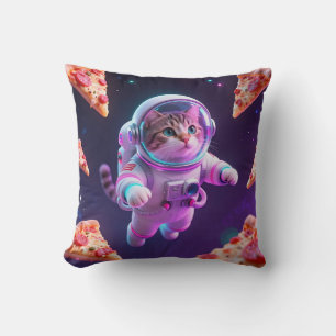 Cute Astronaut Cat Floating Pizza Space Adventure Throw Pillow
