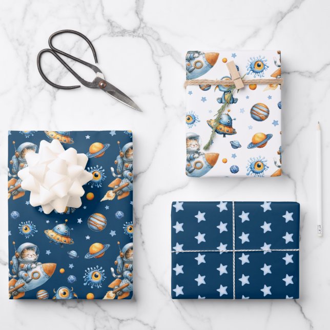 Cute Astronaut Cat Galaxy Pattern Navy Blue Space Wrapping Paper Sheet (Front)