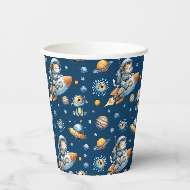 Cute Astronaut Cat Galaxy Pattern Space Navy Blue Paper Cups (Front)