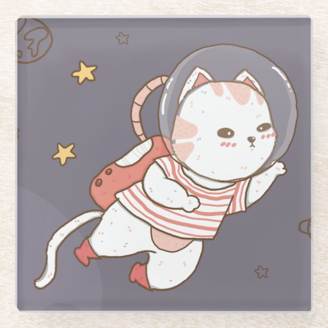 Cute Astronaut Cat Glass Coaster (Front)