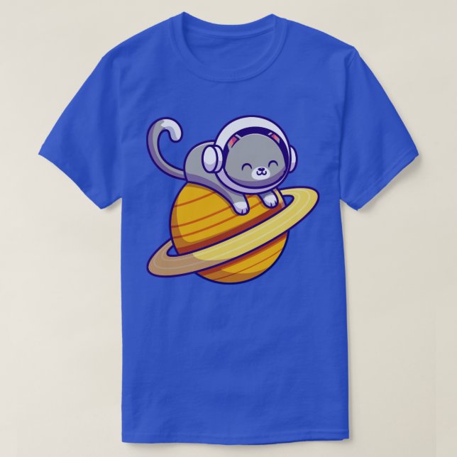 Cute Astronaut Cat Lying On Planet T-Shirt (Design Front)