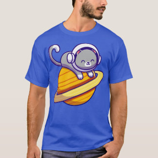 Cute Astronaut Cat Lying On Planet T-Shirt