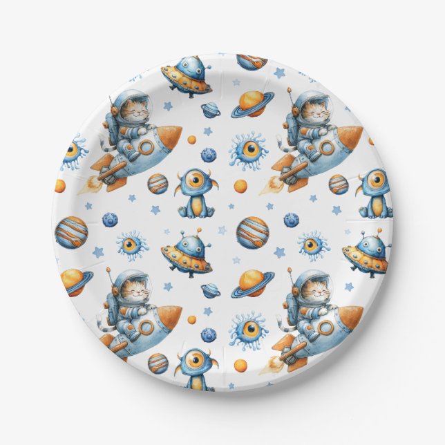 Cute Astronaut Cat Outer Space Pattern Galaxy  Paper Plate (Front)