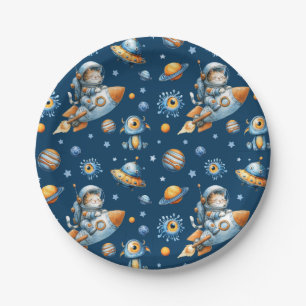 Cute Astronaut Cat Space Galaxy Pattern Navy Blue  Paper Plate