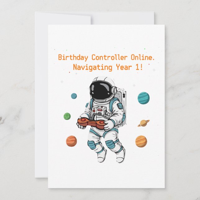 Cute Astronaut Gamer 1st Birthday | Navigating  Invitation (Front)