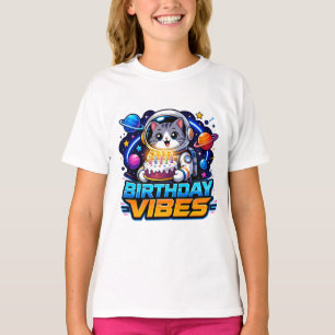 Cute Astronaut Kitty "Birthday Vibes" Girls Space T-Shirt