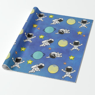 Cute Astronaut Outer Space Star Planet Wrapping Paper