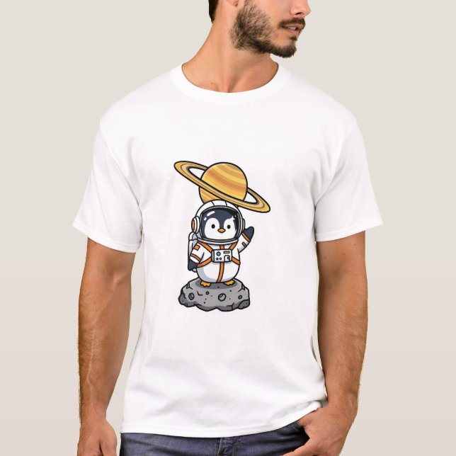 Cute Astronaut Penguin Waving on Asteroid T-Shirt (Front)