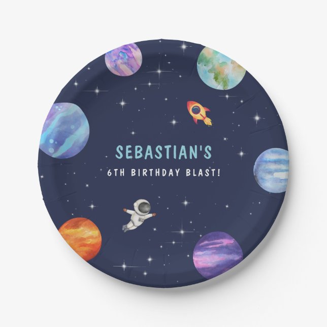 Cute Astronaut Planets Birthday Party Watercolor Paper Plate (Front)