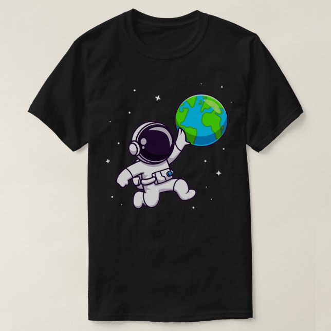 Cute Astronaut Playing Earth Ball Cartoon T-Shirt (Design Front)