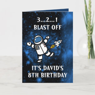 Cute Astronaut Rocket Blue Galaxy 8th Birthday Card