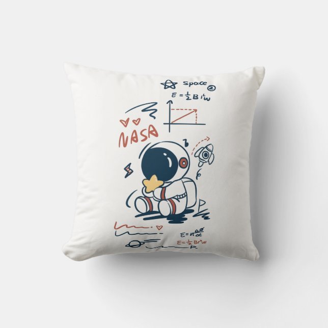 Cute Astronaut Space Cartoon Throw Pillow (Front)