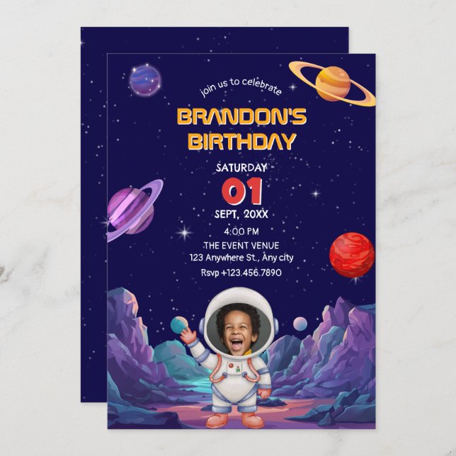 Cute astronaut space photo birthday invitation (Front/Back)