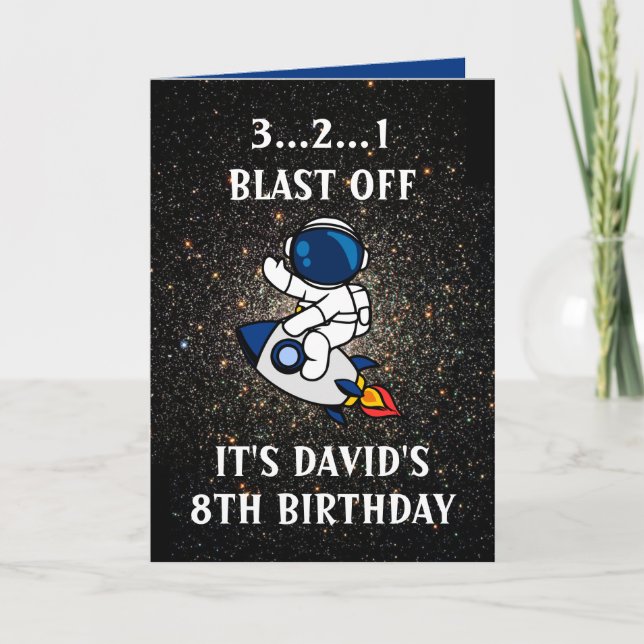 Cute Astronaut Space Rocket Blue 8th Birthday Card (Front)