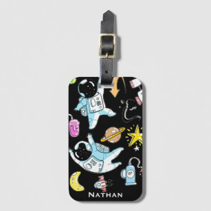 Cute Astronauts in Space Doodles Personalised Kids Luggage Tag