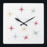 Cute Atomic Starburst Mid Century Pattern Square Wall Clock<br><div class="desc">Liven up your room with this fabulous atomic era mid century wall clock. This design features starbursts in red,  blue,  green,  and yellow and accented with black dots.</div>
