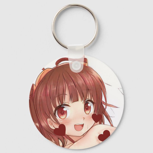 Cute auburn haired anime girl rose gold eyes heart keychain (Front)