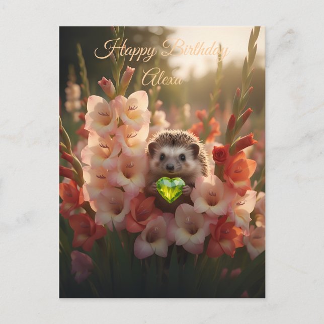 Cute August Hedgehog with Peridot Heart Postcard (Front)