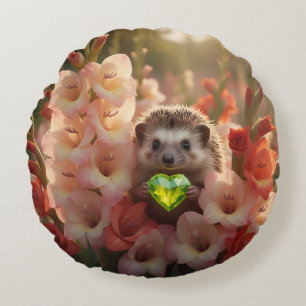 Cute August Hedgehog with Peridot Heart Round Pillow