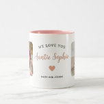 Cute Auntie 2 Photo Pink Modern  Two-Tone Coffee Mug<br><div class="desc">This cute 2-photo collage pink modern mug features the heartfelt message, "We love you Auntie" and a simple pink heart. An ideal gift for your auntie, the 2-photo template can be personalized with two pictures of favourite nieces or nephews, transforming it into a cherished keepsake to be treasured for years...</div>