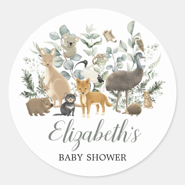 Cute Australian Animals Eucalyptus Baby Shower Classic Round Sticker (Front)