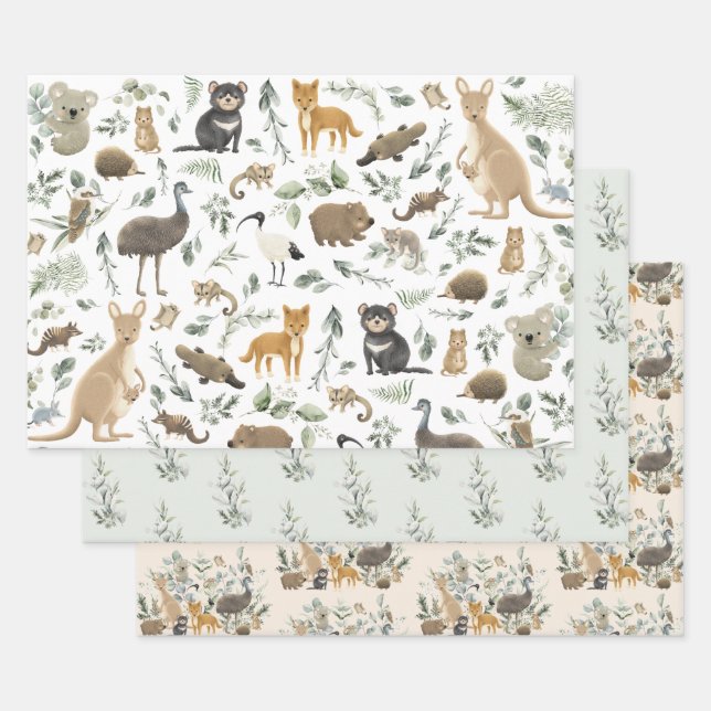 Cute Australian Animals Greenery Birthday Baby Boy Wrapping Paper Sheet (Set)