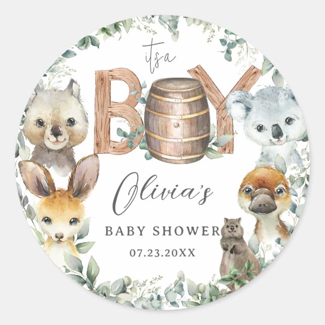 Cute Australian Animals Greenery Boy Baby Shower  Classic Round Sticker (Front)