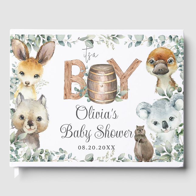 Cute Australian Animals Greenery Boy Baby Shower  Guest Book (Front)