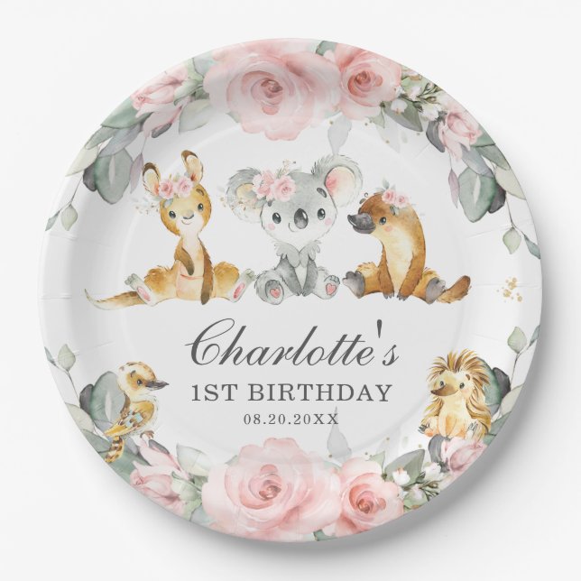 Cute Australian Animals Pink Floral Greenery Paper Plate (Front)