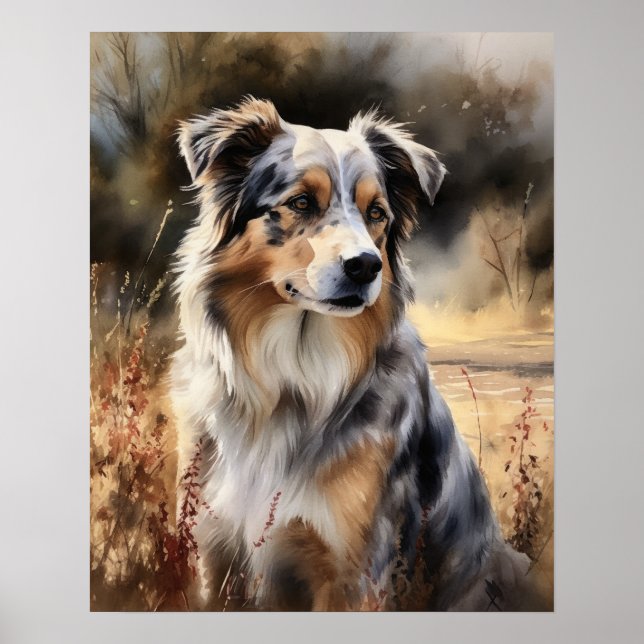 Cute Australian Shepherd Dog Art Print Poster (Front)