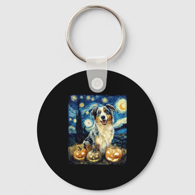 Cute Australian Shepherd Dog Halloween Jack O Lant Keychain (Front)