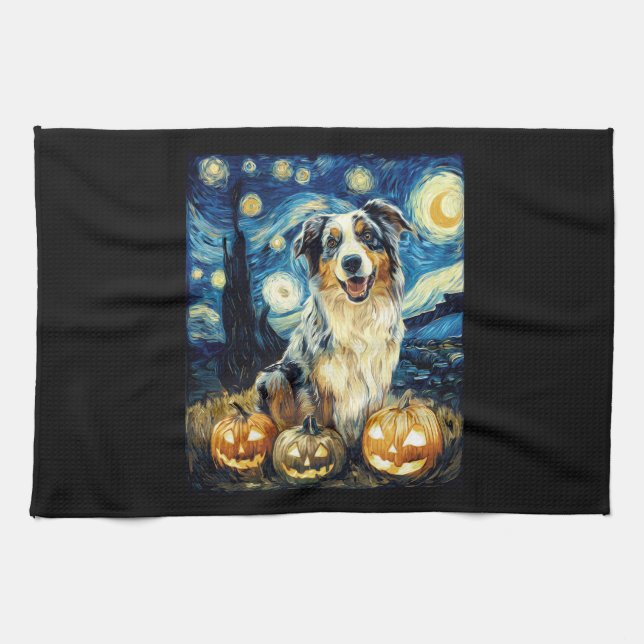 Cute Australian Shepherd Dog Halloween Jack O Lant Kitchen Towel (Horizontal)