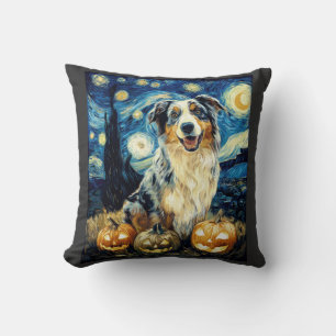 Cute Australian Shepherd Dog Halloween Jack O Lant Throw Pillow