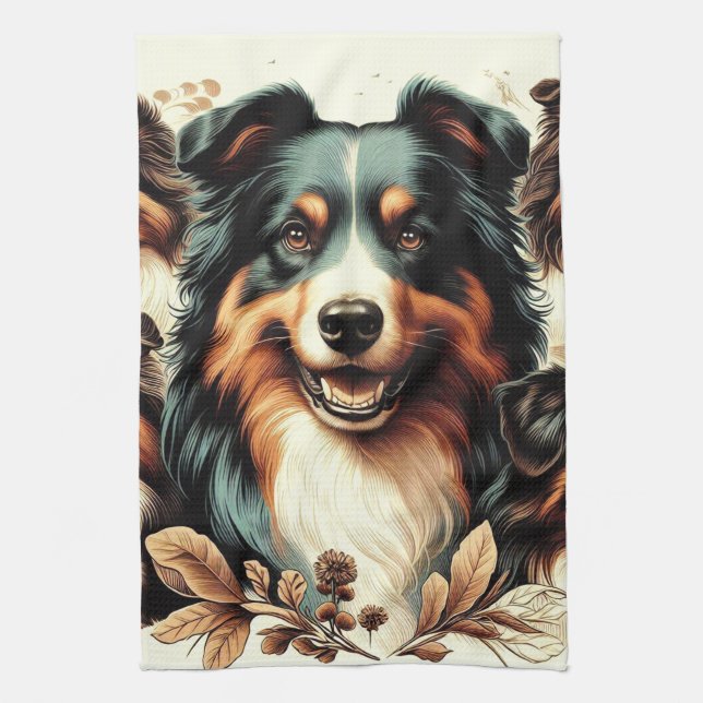 Cute Australian Shepherd Painting Kitchen Towel (Vertical)