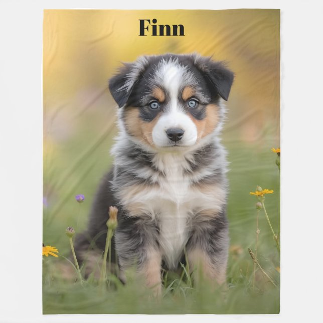 Cute Australian Shepherd Personalized Fleece Blanket (Front)