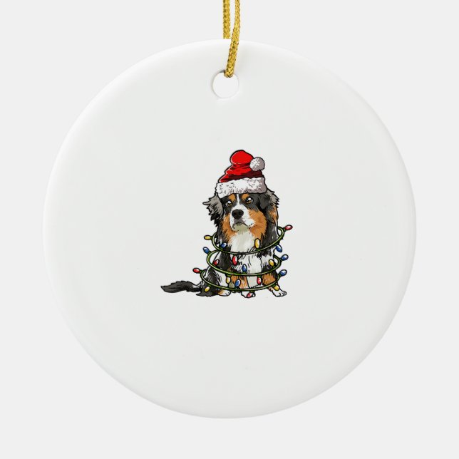 Cute Australian Shepherd Santa Christmas Tree Ligh Ceramic Ornament (Front)