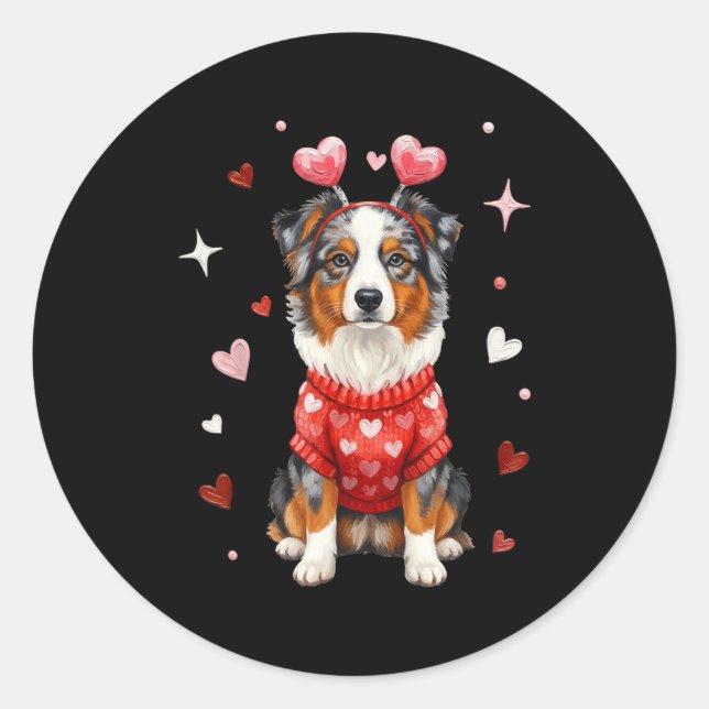 Cute Australian Shepherd Valentine Heart Valentine Classic Round Sticker (Front)