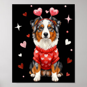 Cute Australian Shepherd Valentine Heart Valentine Poster