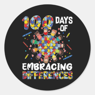 Cute Autism Awareness Embrace Differences 100 Days Classic Round Sticker