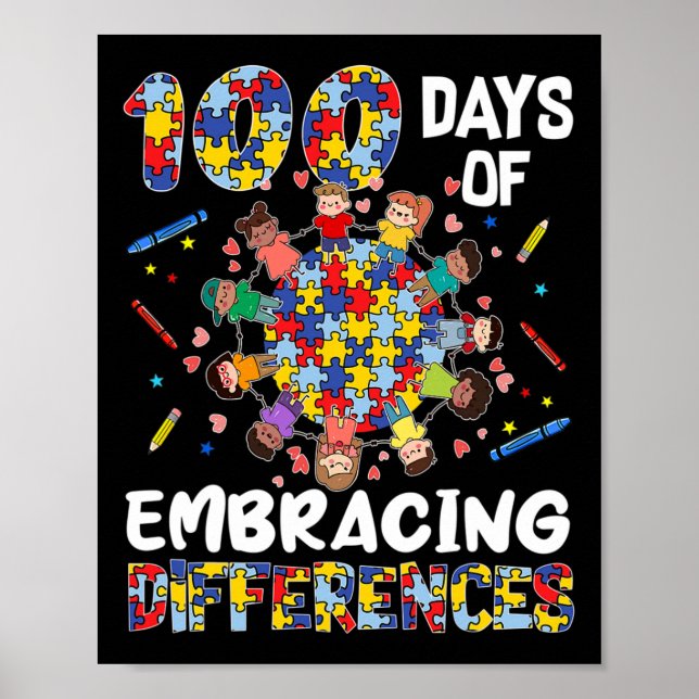 Cute Autism Awareness Embrace Differences 100 Days Poster (Front)