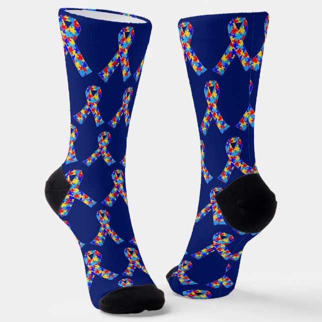 Cute Autism Awareness Ribbon Royal Blue Pattern Socks (Angled)