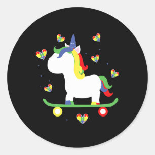 Cute Autistic Skateboarding Unicorn Magic Hearts  Classic Round Sticker