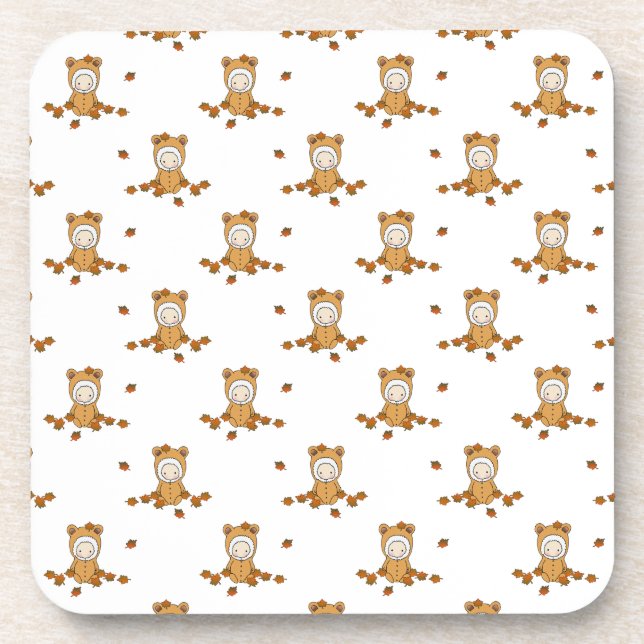 Cute Autumn Babies in Falling Leaves Pattern Coaster (Front)