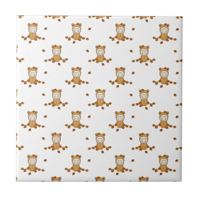 Cute Autumn Babies in Falling Leaves Pattern Tile (Front)
