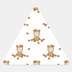 Cute Autumn Babies in Falling Leaves Pattern Triangle Sticker