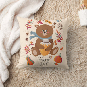 Cute autumn baby bear with honey and custom text throw pillow